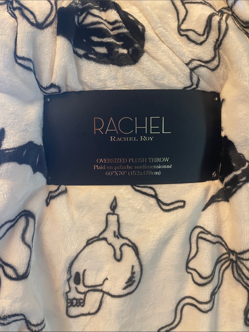 RACHEL Rachel Roy White Plush Throw with Black Skull, Bows & Candle Print